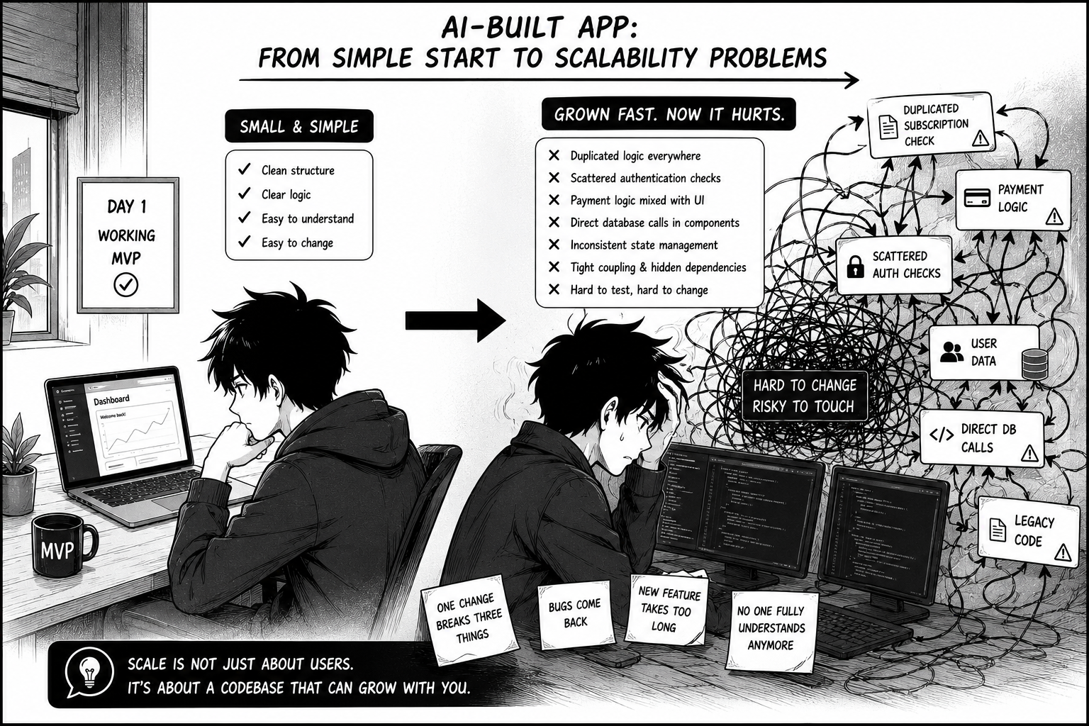 Black-and-white manga infographic showing an AI-built app growing from a simple MVP into a tangled codebase with duplicated logic, scattered authentication checks, payment logic, direct database calls, and scalability problems.